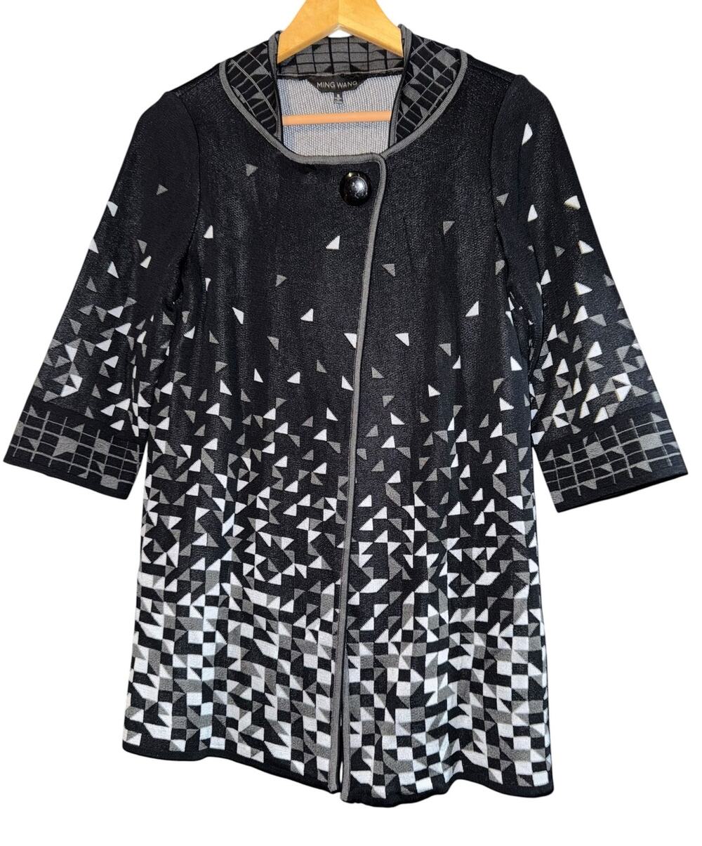 Ming Wang Jacket Womens Small Black Geometric Knit Cardigan Half Sleeve Topper